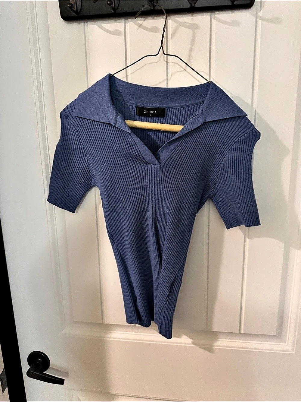 ZESICA Ribbed Knit Short-Sleeve Polo Top Bodysuit Blue Small